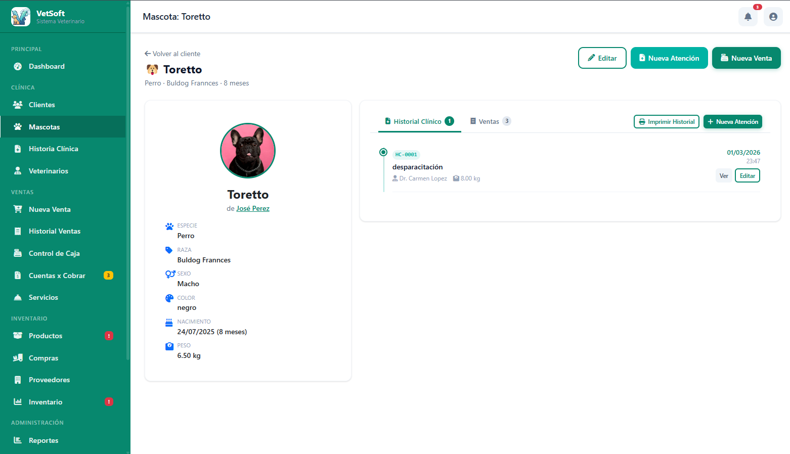 Pantallazo del sistema VetSoft 3